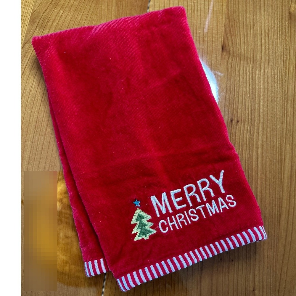 Merry Christmas Red Cotton Hand Towel‎ Embroidered Tree Striped Trim RN 17730